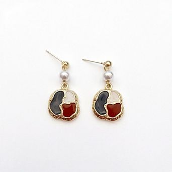 Abstract Enamel Drop Earrings with Textured Metal Frame and Pearl Accent