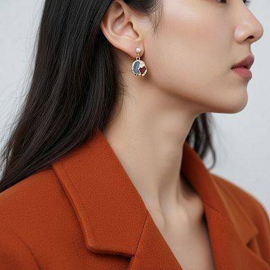 Abstract Enamel Drop Earrings with Textured Metal Frame and Pearl Accent