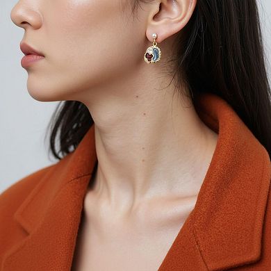 Abstract Enamel Drop Earrings with Textured Metal Frame and Pearl Accent