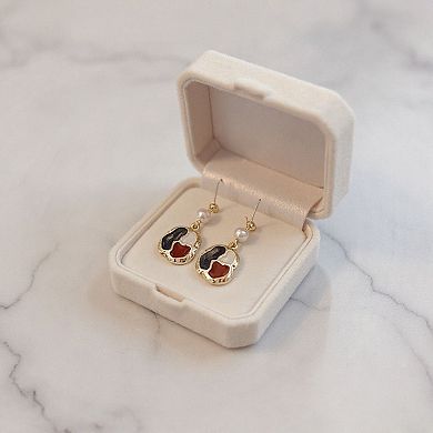 Abstract Enamel Drop Earrings with Textured Metal Frame and Pearl Accent
