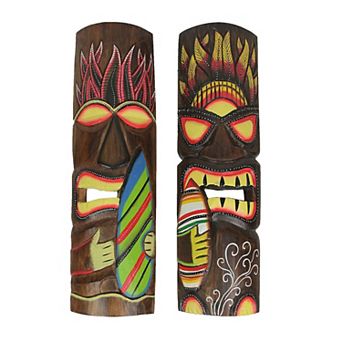 Elemental Fire and Wind Carved Wooden Surfer Tiki Wall Masks 20 Inch Set of 2