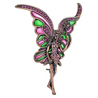 Copper Tone Fairy Flying Fuschia Crystal Rhinestone Fashion Pin Brooch