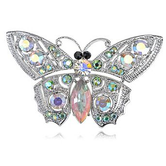 Silvery Tone Iridescent Light Green Rhinestones Small Butterfly Brooch Pin