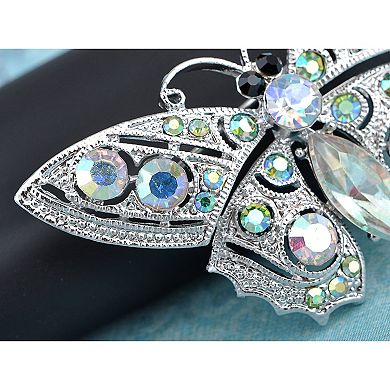Silvery Tone Iridescent Light Green Rhinestones Small Butterfly Brooch Pin