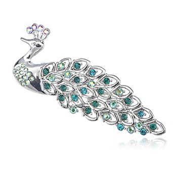 Emerald AB Crystal Rhinestone Iridescent Blue Feather Peacock Brooch Pin
