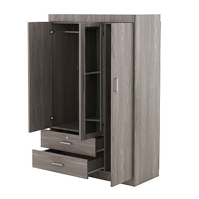Pnronnc 3 Door Wardrobe Closet with Full-Length Mirror and Lockable Drawer for Bedroom