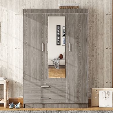 Pnronnc 3 Door Wardrobe Closet with Full-Length Mirror and Lockable Drawer for Bedroom