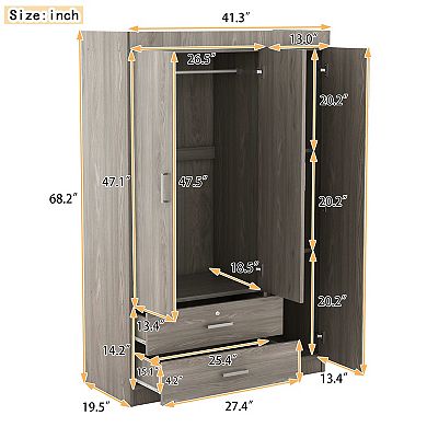 Pnronnc 3 Door Wardrobe Closet with Full-Length Mirror and Lockable Drawer for Bedroom