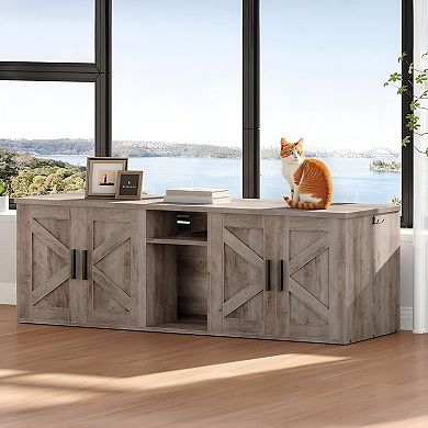 Double Cat Litter Box Enclosure Furniture with Storage Shelf and Hooks