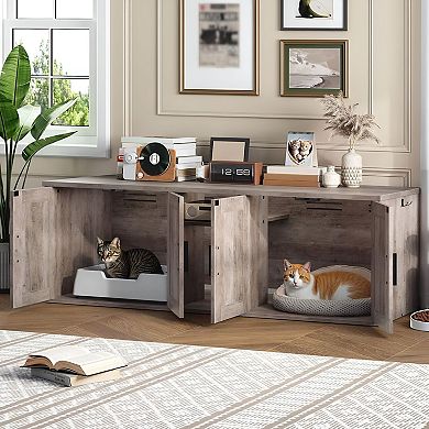 Double Cat Litter Box Enclosure Furniture with Storage Shelf and Hooks
