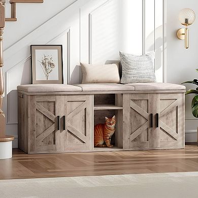 Double Cat Litter Box Enclosure Furniture with Storage Shelf and Hooks
