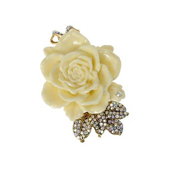 Enamel Cream Rose Flower Golden Tone Brooch Pin Aurora Borealis Crystal Rhinestone Pendant
