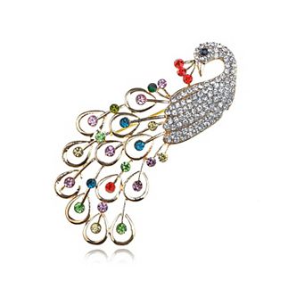 Elegant Classy Colorful Crystal Rhinestone Peacock Feather Design Pin Brooch