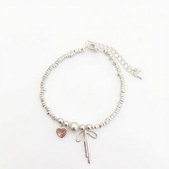 Women's Beaded Bracelet with Heart and Bow Charms Adjustable Chain Design