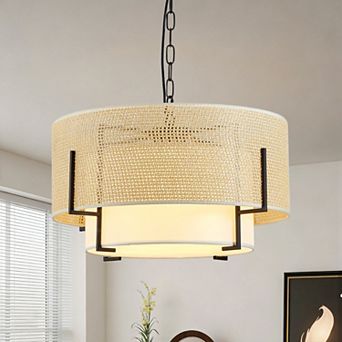 Loheer 19.7 Inch Chandelier Bulb Not Included, 4-Light Hand Woven Rattan Pendant with Fabric Shade