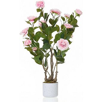 2.46ft Faux Camellia with Speckled Planter & 16 Pink Flowers