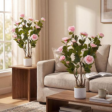 2.46ft Faux Camellia with Speckled Planter & 16 Pink Flowers
