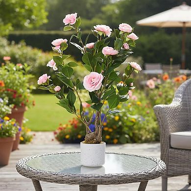 2.46ft Faux Camellia with Speckled Planter & 16 Pink Flowers