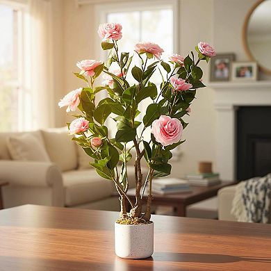 2.46ft Faux Camellia with Speckled Planter & 16 Pink Flowers
