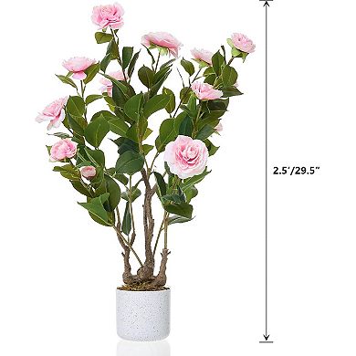 2.46ft Faux Camellia with Speckled Planter & 16 Pink Flowers
