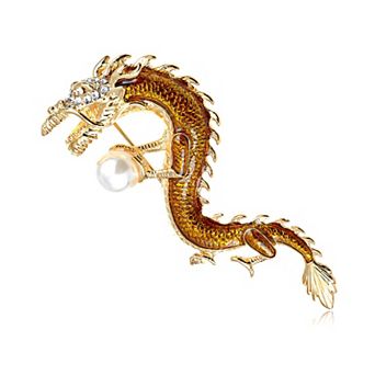 Golden Tone Clear Rhinestone Faux Pearl Enamel Serpent Dragon Brooch Pin