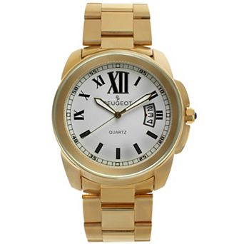 Peugeot Mens 42mm Calendar Gold Plated Stainless Steel Bracelet Watch