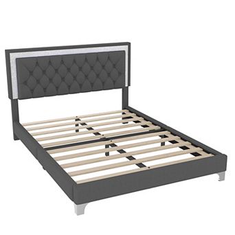 Pnronnc Queen Velvet Upholstered Platform Bed with LED and 2 Nightstands 3 pc Bedroom Set