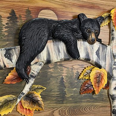 Bear Cub in Birch Forest Wood Wall Sculpture 24x34.5 Glossy Brown Indoor Decor