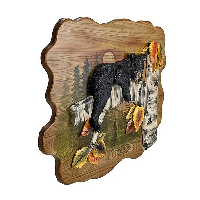 Bear Cub in Birch Forest Wood Wall Sculpture 24x34.5 Glossy Brown Indoor Decor