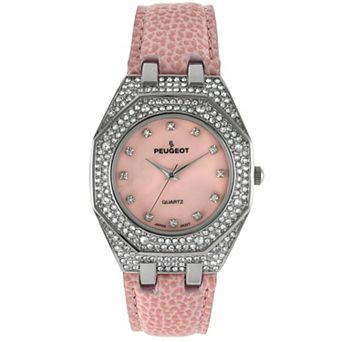 Peugeot Womens 37mm Hexagonal Watch with Crystal Bezel and Leather Band