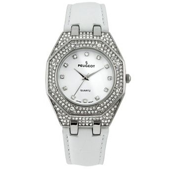 Peugeot Womens 37mm Hexagonal Watch with Crystal Bezel and Leather Band