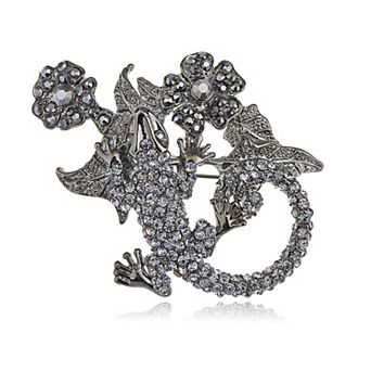 Gunmetal Dark Tone Salamander Lizard Flower Plant Crystal Rhinestone Pin Brooch