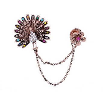 Dangling Flower Multicolored Rhinestone Copper Tone Peacock Fashion Brooch