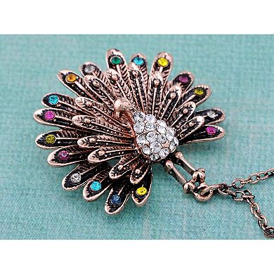 Dangling Flower Multicolored Rhinestone Copper Tone Peacock Fashion Brooch