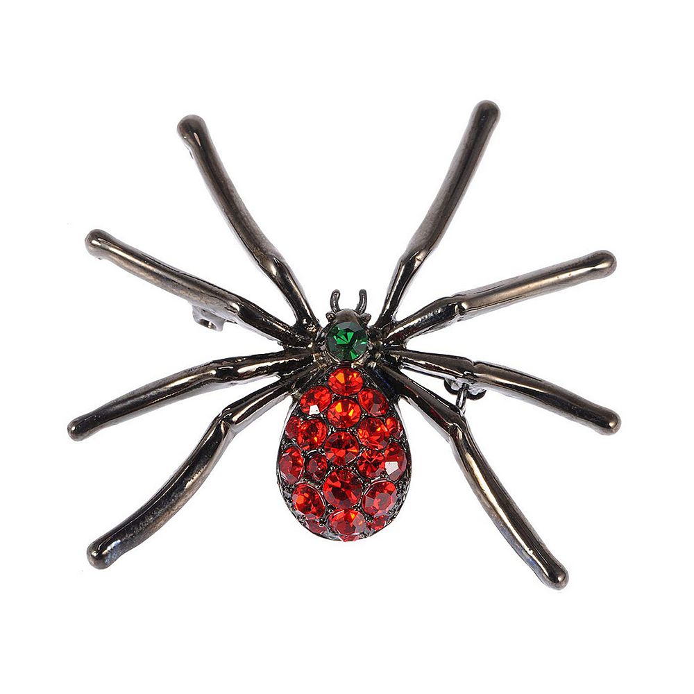 Gunmetal Tone Red Rhinestones Gothic Halloween Creepy Spider Brooch Pin