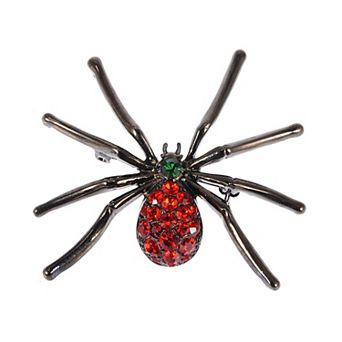 Gunmetal Tone Red Rhinestones Gothic Halloween Creepy Spider Brooch Pin