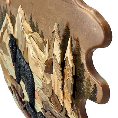 Bear Family River 25.5x34 Intarsia Wood Wall Sculpture Rustic Cabin Art