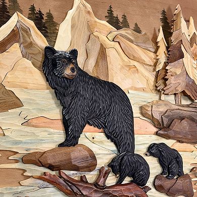 Bear Family River 25.5x34 Intarsia Wood Wall Sculpture Rustic Cabin Art