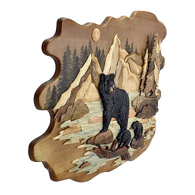 Bear Family River 25.5x34 Intarsia Wood Wall Sculpture Rustic Cabin Art