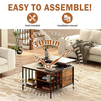 32.4" Lift Top Coffee Table with Storage, Farmhouse Multifunctional Center, 3 Shelves