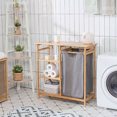 Laundry Hamper Stand with Sliding Bag and 3-Tier Open Shelves