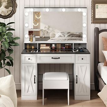 Vanity Desk with Lighted Mirror & Stool, Makeup Table with Charging Station, 3 Lighting Modes