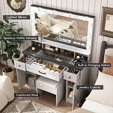 Vanity Desk with Lighted Mirror & Stool, Makeup Table with Charging Station, 3 Lighting Modes