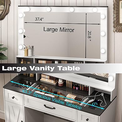 Vanity Desk with Lighted Mirror & Stool, Makeup Table with Charging Station, 3 Lighting Modes