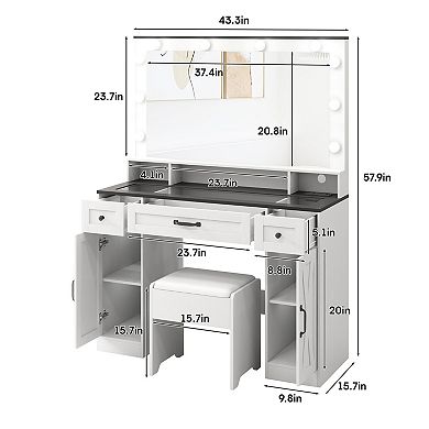 Vanity Desk with Lighted Mirror & Stool, Makeup Table with Charging Station, 3 Lighting Modes
