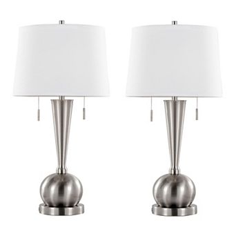 Loheer Contemporary Metal Table Lamp Set with White Linen Shade and USB Port