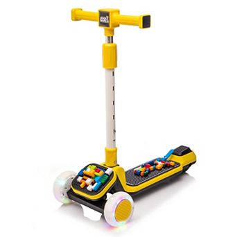 Foldable Kids Ride On 3-Wheel Scooter, with Buildable Blocks, 5-Height Adjustable, Flash Wheels