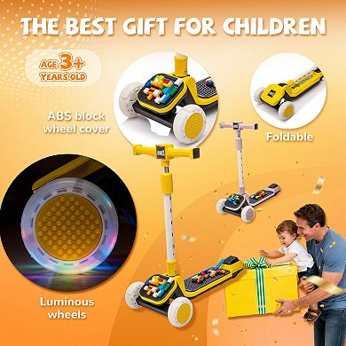 Foldable Kids Ride On 3-Wheel Scooter, with Buildable Blocks, 5-Height Adjustable, Flash Wheels