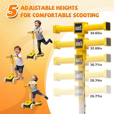Foldable Kids Ride On 3-Wheel Scooter, with Buildable Blocks, 5-Height Adjustable, Flash Wheels