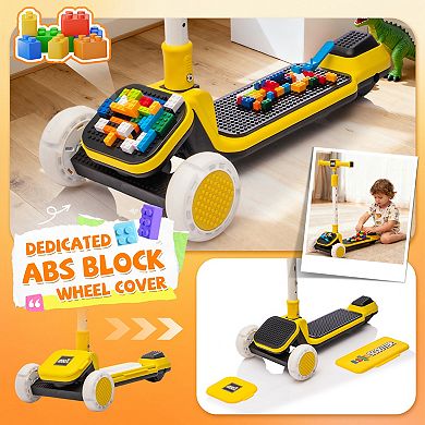 Foldable Kids Ride On 3-Wheel Scooter, with Buildable Blocks, 5-Height Adjustable, Flash Wheels